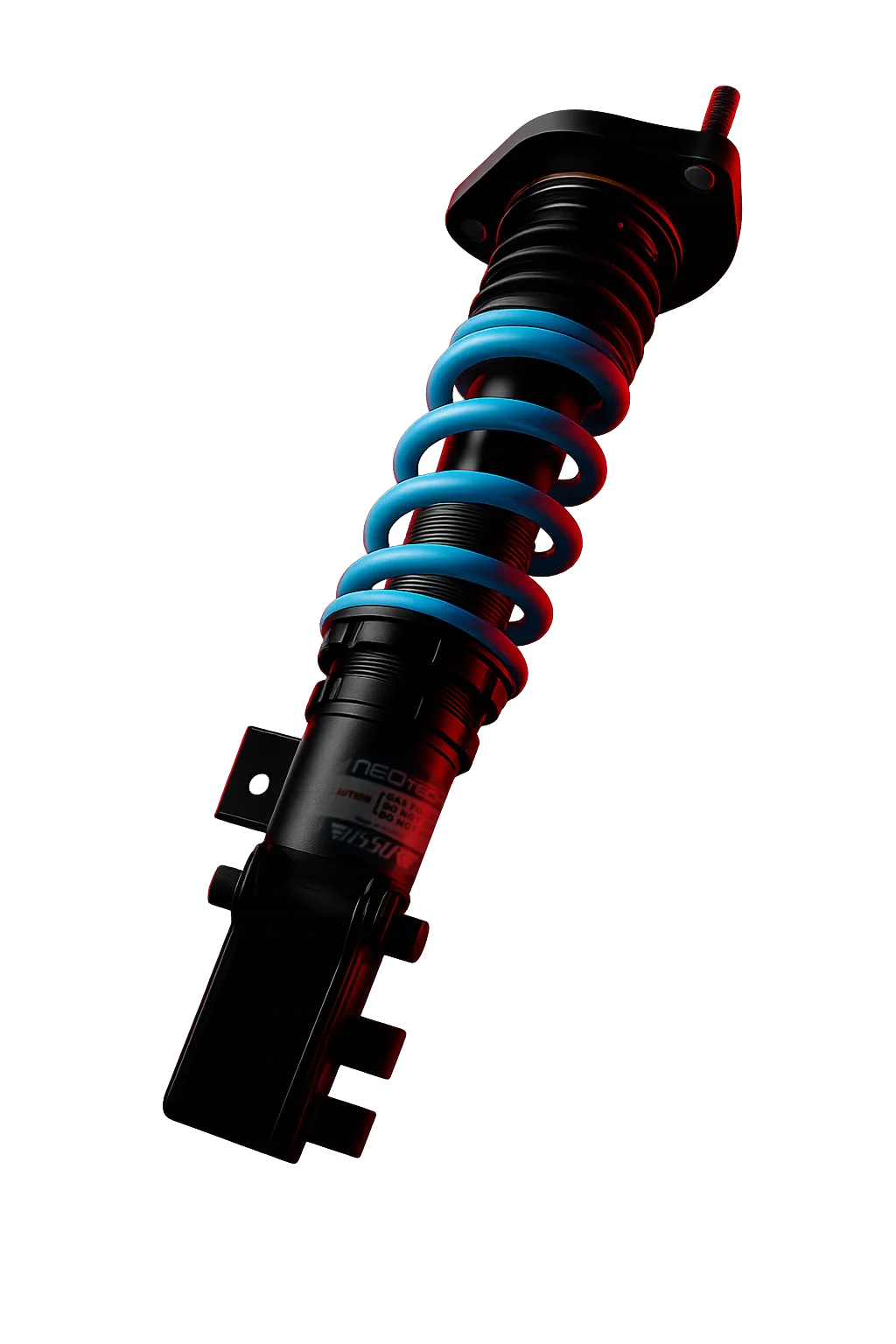 NEOTrack coilover with a blue spring and inverted monotube damper body