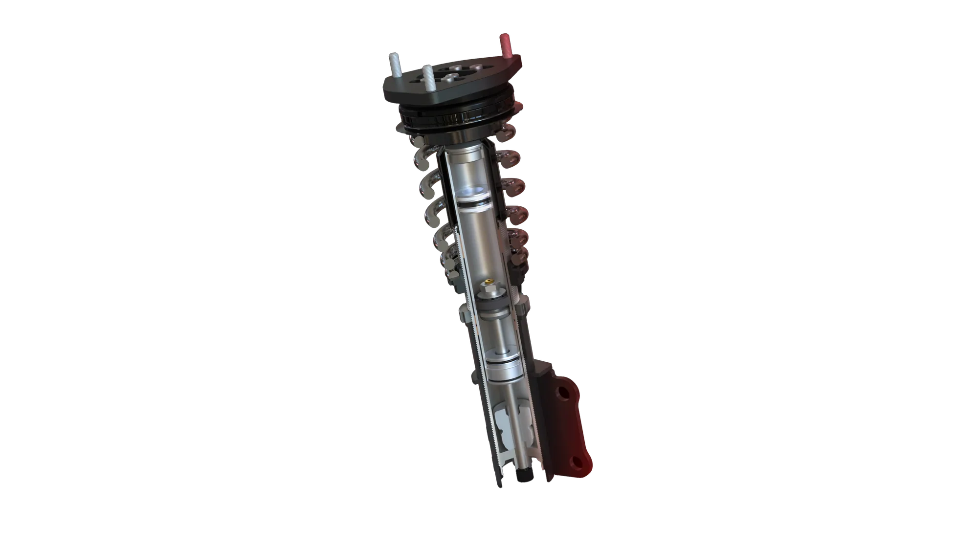 Cutaway of a Neotech coilover showing the piston rod, valving, and damper body